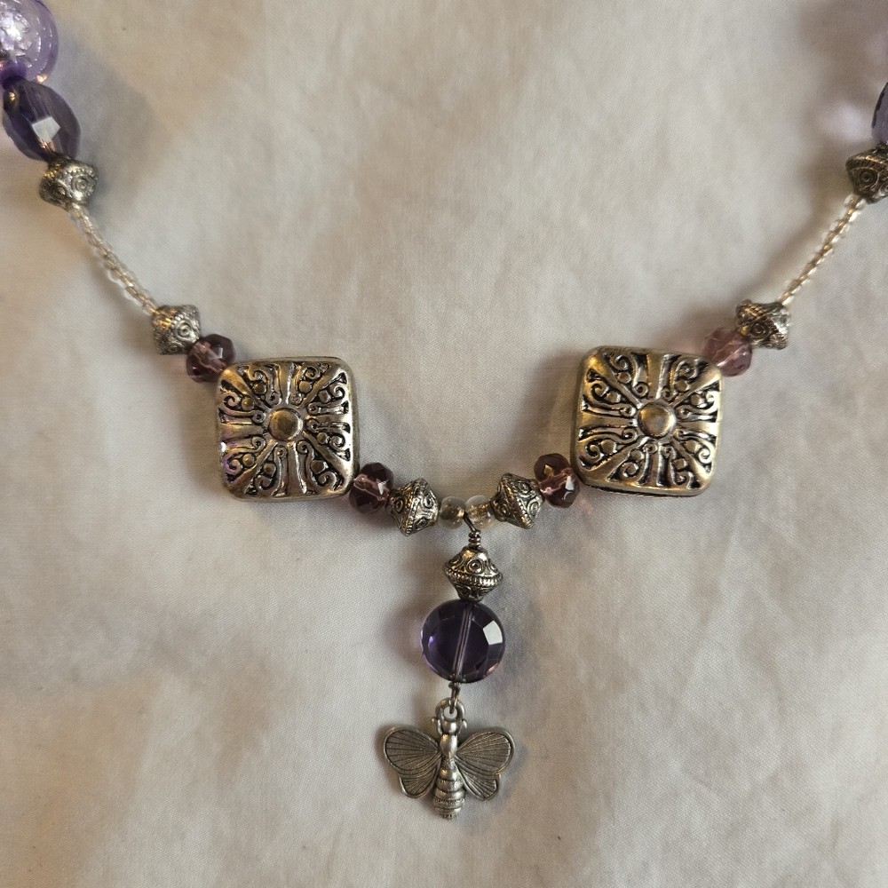 Handmade Butterfly Charm Beaded necklace silver & lavender beads purple ribbon - Picture 3 of 5